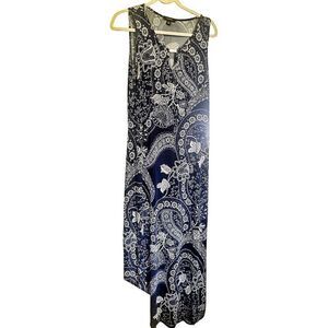 Expresso Blue White Floral Summer 70's Inspired Stretch Maxi Dress Size Large
